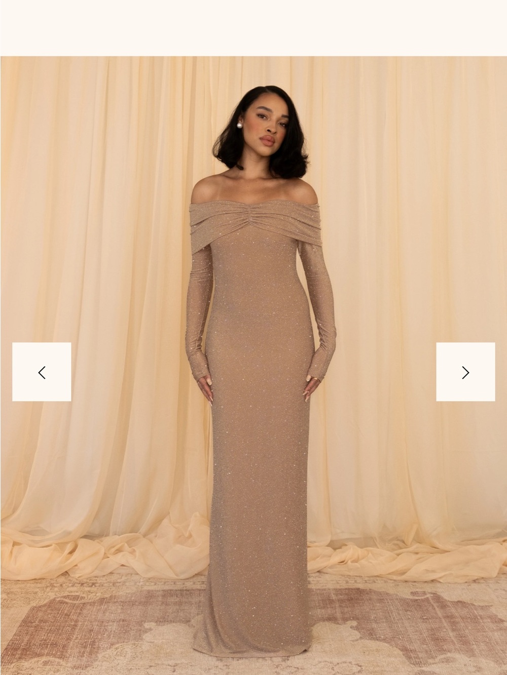 Off-Shoulder Sparkle Maxi Dress in Taupe-Glint